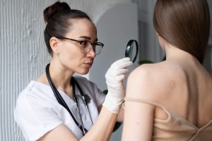 Médica diagnosticando um câncer de pele em uma paciente do sexo feminino.