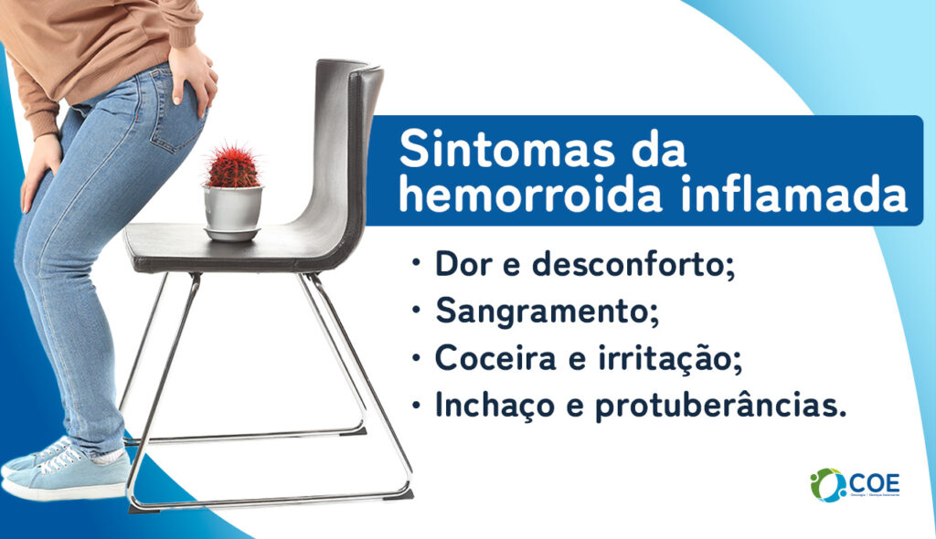 Sintomas da hemorroida inflamada

Dor e desconforto;
Sangramento;
Coceira e irritação;
Inchaço e protuberâncias.