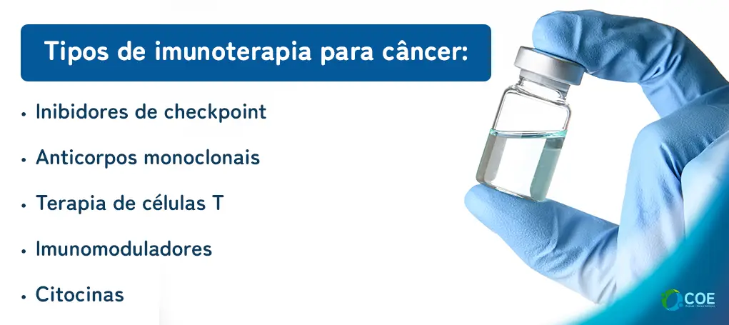 Tipos de imunoterapia para câncer

Inibidores de checkpoint
Anticorpos monoclonais
Terapia de células T 
Imunomoduladores
Citocinas